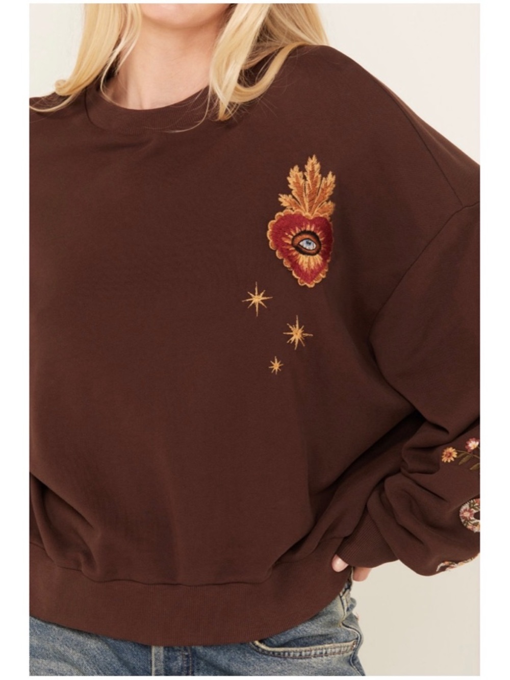 Anthropolgie Driftwood Hallucination Teddy Brown Embroidery Sweatshirt Size S - Picture 3 of 14